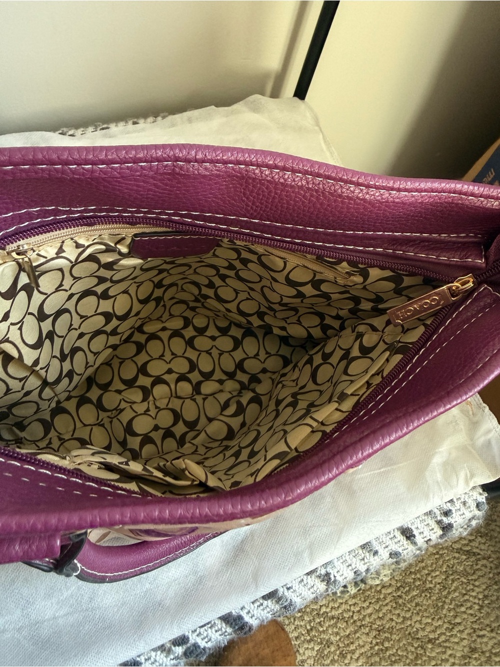 Coach Cream and Purple Signature Tote with Plum Leather Trim - Picture 5 of 5